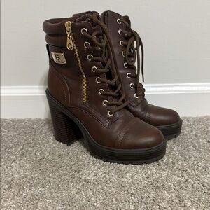 G by Guess Brown Heeled Boots with Lace-Up Design and Chunky Heel
